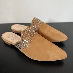 Fergie Tan Suede Flat Pointed Toe Mules with Silver Gems Studs 8.5